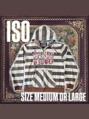 ISO PLEASE REACH OUT Panic At The Disco Striped Zip Hoodie in White and Brown